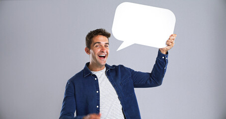 Portrait, happy man and speech bubble in studio for social media, communication forum or feedback....