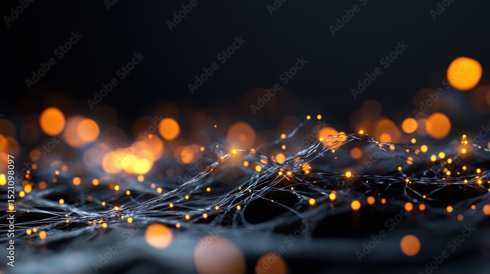 Poster bright orange neural network with glowing axons spreading across deep black backdrop