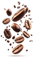 Coffee beans in mid-air against a white background.