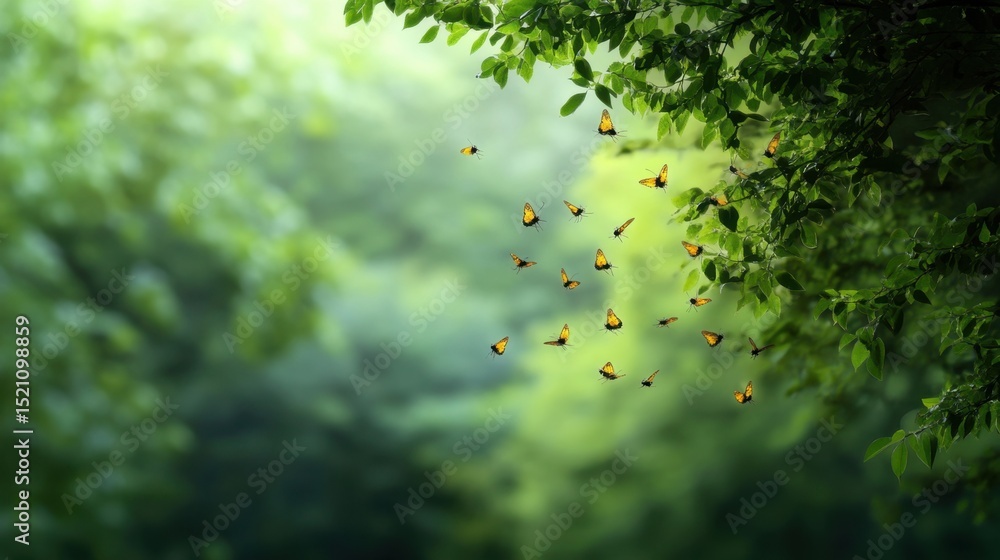 Poster buzzing swarm captured in sharp focus with soft green nature backdrop