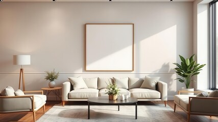 Stylish wall art mockup featuring a canvas print in a modern living room setting, furniture, modern, living room