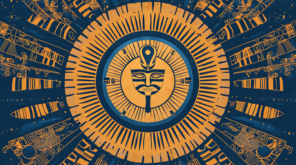 Obraz premium A stylized, radiating design in gold and blue, centered around an Ankh symbol with mask like features, surrounded by intricate patterns reminiscent of ancient Egyptian art and a sunburst.