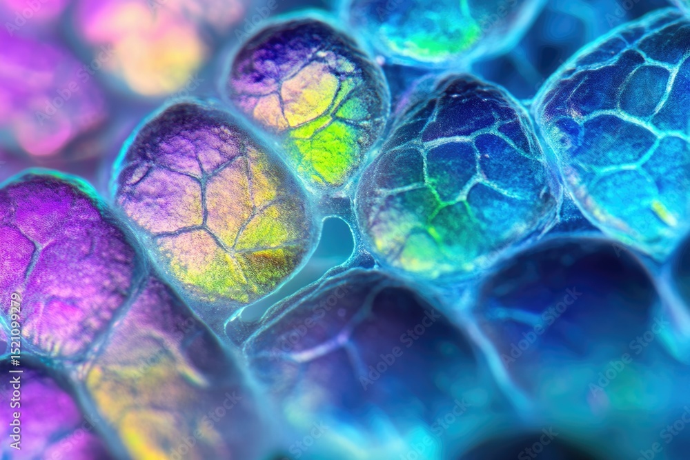 Poster microscopic view of vibrant, interconnected cells, showcasing intricate structures and diverse color