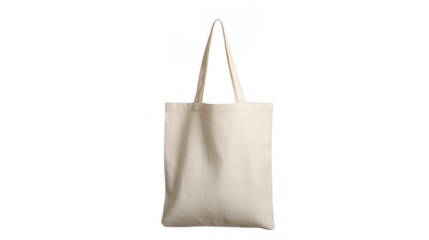 Natural cotton tote bag hanging on a hook against a transparent background, offering an ideal canvas for displaying unique designs or branding concepts in a clean, eco friendly way