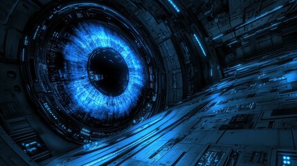 Futuristic sci-fi corridor with a glowing blue eye-like structure and intricate technology