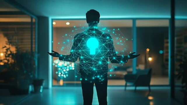Cybersecurity concept, man with digital key lock icon, data protection in cyberspace