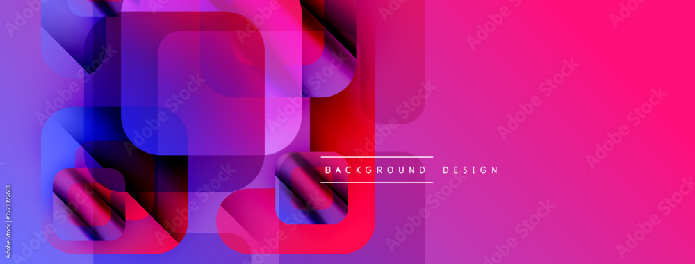 Poster Abstract geometric shapes overlap. Vibrant pinks, purples create modern design. Text reads background design. Minimalist aesthetic.