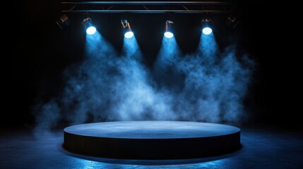 Circular platform with smoke rising under stage lights in dark dramatic setting