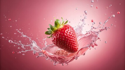 A vibrant strawberry plunging into a refreshing splash of water, creating a dynamic and juicy burst of pink