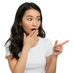 Fototapeta premium Surprised woman pointing isolated on transparent background