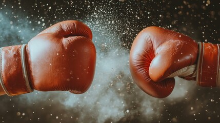Intense boxing match with two red gloves colliding, surrounded by a dynamic, smoky background