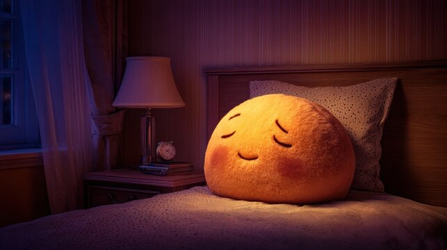 sleeping emoji painted on a pillow in cozy bedroom light, perfect lighting, realistic and cinematic style