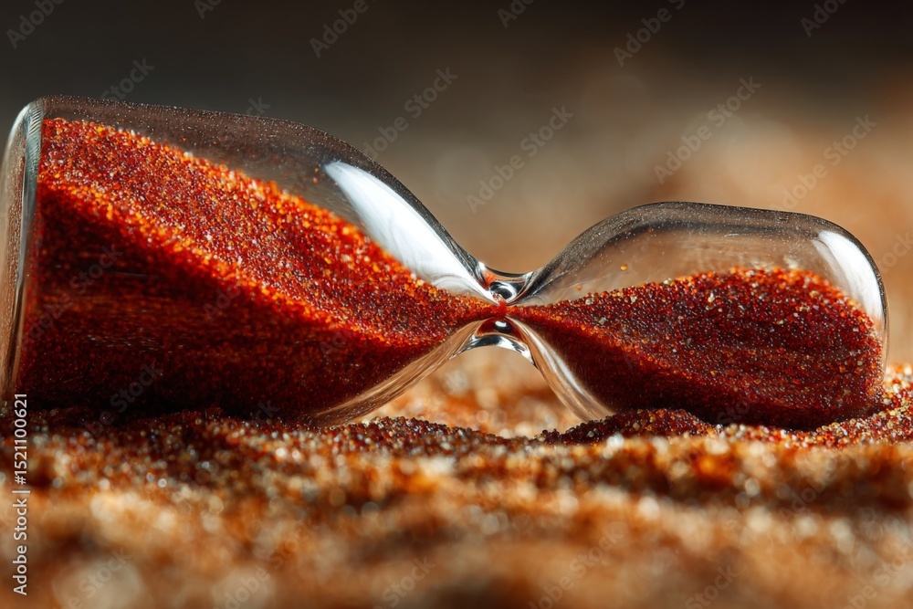 Poster Sand flows steadily in an hourglass resting on a textured surface during a close-up shot that highlights the passage of time