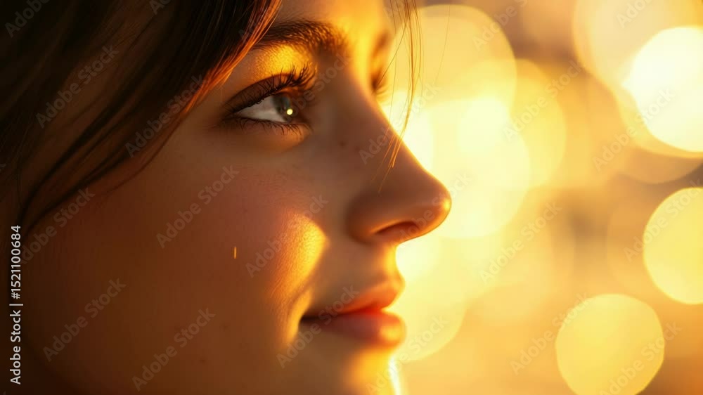 Aufkleber a close-up of a woman's face with soft lights in the background, suitable for use in corporate or cr