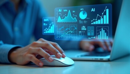 An analyst uses Data analytics automated with AI technology. Dashboard report, operations charts and KPI insights. Big Data technology, Business analysis and artificial intelligence automation.