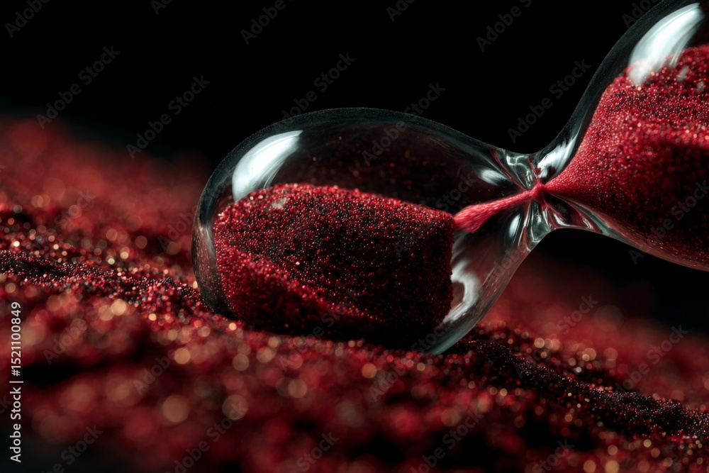 Poster hourglass filled with red sand displayed on glittering surface in soft light