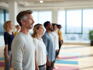 Diverse group in yoga class, standing tall, facing forward with serene smiles. Symbolizes unity, mindfulness, and wellness. Suitable for health, lifestyle content.