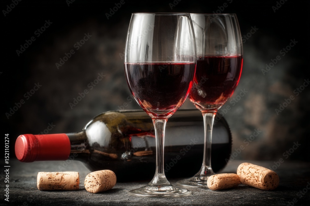 Poster elegant red wine served in glasses with a bottle and corks on a rustic table