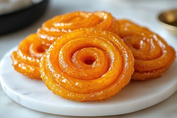 Sweet, golden jalebi spirals, a popular Middle Eastern and South Asian dessert.
