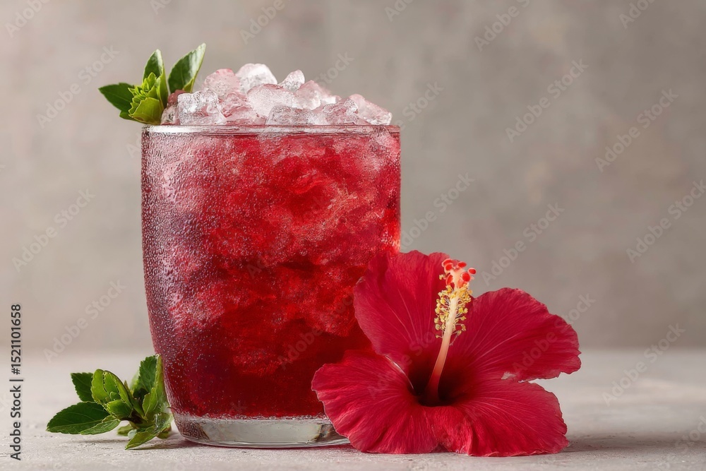 Poster refreshing hibiscus drink served over ice with a vibrant flower garnish in a stylish glass on a soft