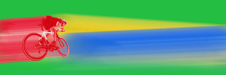 Banner. Graphic composition. Red cyclist developing speed before finish line over colorful stripes....