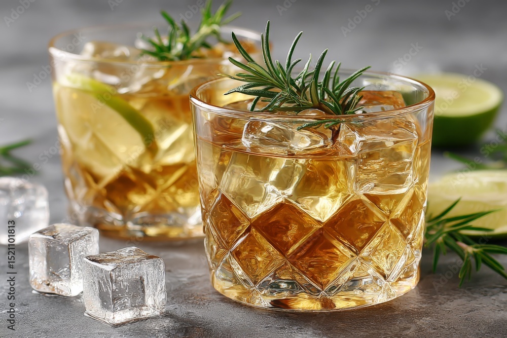 Poster refreshing cocktail with rosemary and lime served in elegant glassware on a textured gray background