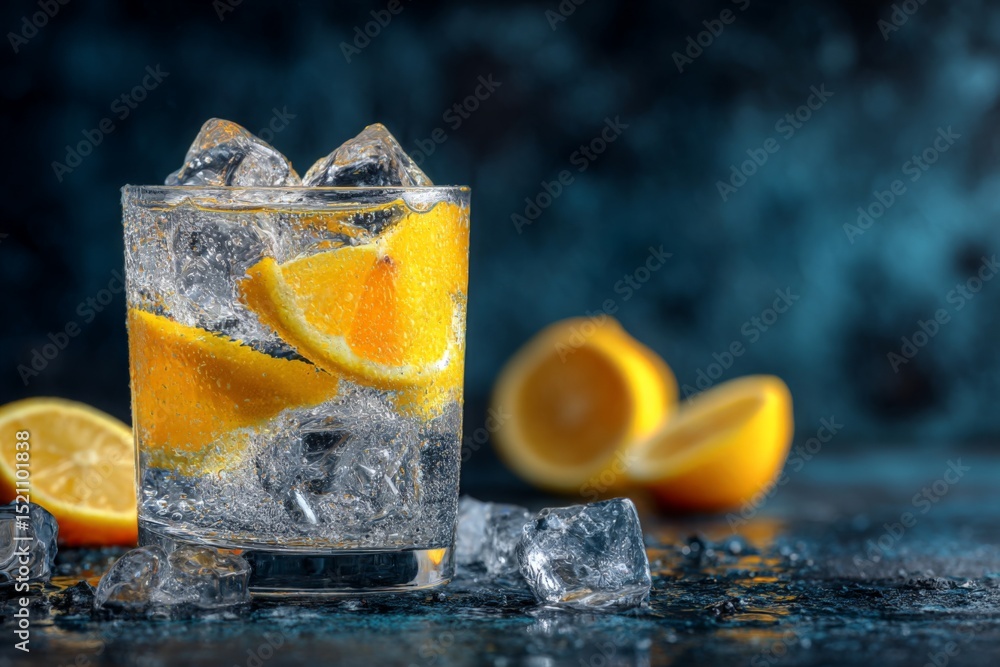 Poster refreshing lemon drink with ice in a glass on a dark background, perfect for summer enjoyment