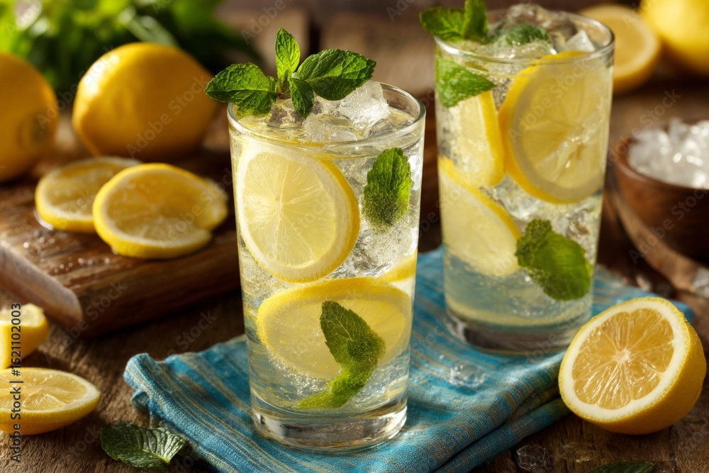 Poster refreshing lemonade served in tall glasses with mint and lemon slices on rustic wooden table