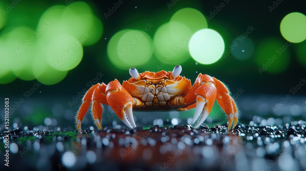Poster close-up of crab with textured shell on wet dark sand, soft green bokeh behind