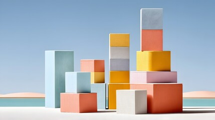 Pastel-colored modular blocks forming a whimsical urban skyline
