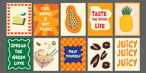 Vibrant summer food banner, perfect for bistro or restaurant promotion. Featuring fresh tomatoes, broccoli, avocado, pineapple, pomegranate, and fun phrases like “Taste the Summer.”