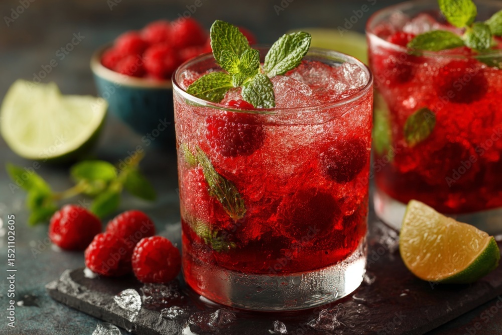Poster Refreshing raspberry mojito served with fresh mint and lime on a dark surface