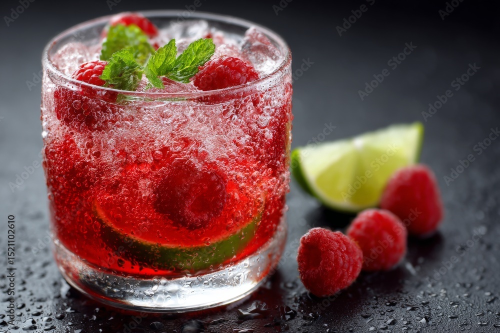 Poster Refreshing raspberry drink with lime served in a glass on a dark table