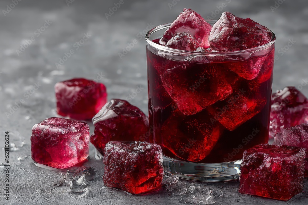 Poster refreshing cocktail with deep red hue and ice cubes in a glass ready for enjoyment