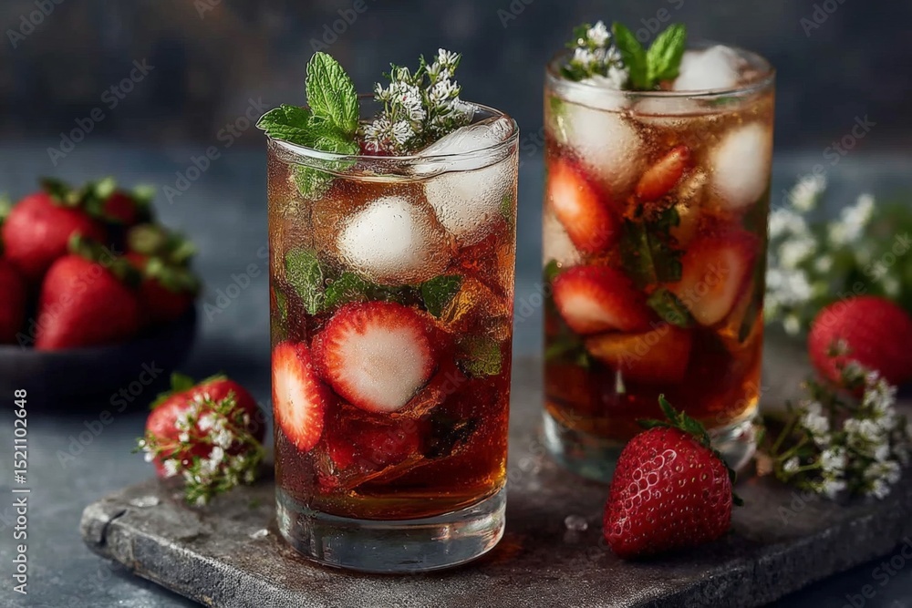 Poster refreshing strawberry mint drinks served over ice on a rustic table with fresh strawberries nearby