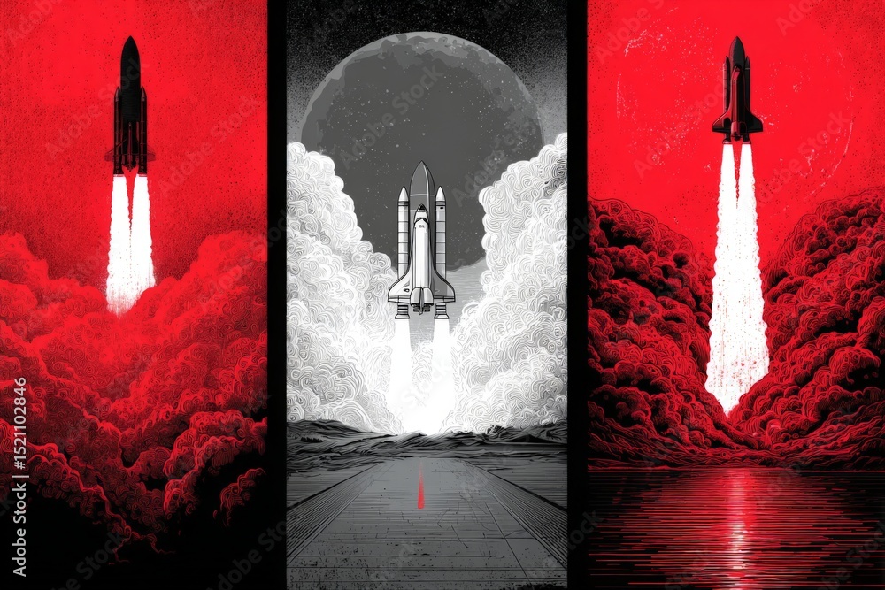 Aufkleber rocket launch illustrations showcasing powerful ascent against a dramatic red backdrop and stylized 