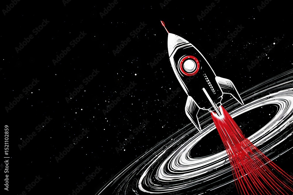 Poster rocket launching into space near a swirling ringed planet in a starry universe