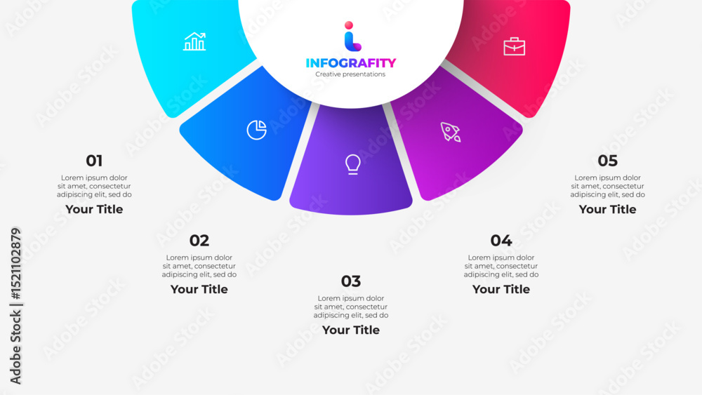 Leinwandbilder Infographic featuring five segmented sections with icons and placeholders. Ideal for presentations and business related designs illustrating processes or steps in a colorful, appealing visualization