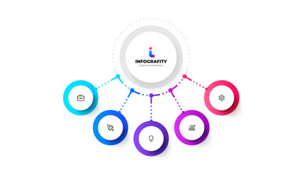 A visually appealing infographic design with a central circle connecting 5 smaller circular icons, representing concepts of business, teamwork, and ideas in a modern style