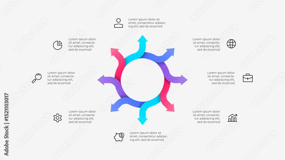 Poster infographic featuring a circular design and 8 symmetric arrows, symbolizing interconnected business 