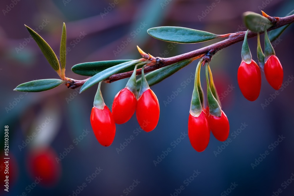 Poster Bright red berries hang from a slender branch in a forest during the early morning light with soft blurred background