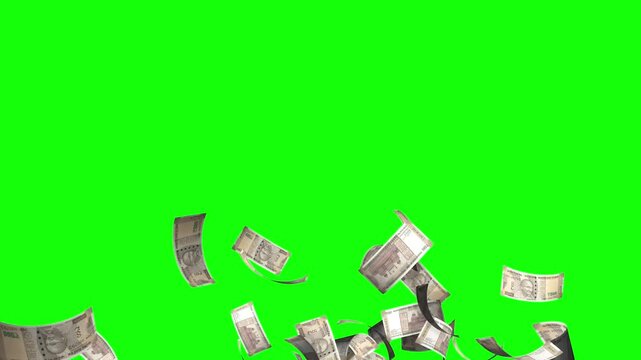 Money explosion and rain overlay kit ₹ 500 rupee bill isolated green screen chroma key and luma matte alpha channel mask 4K 60fps
