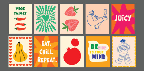 Bright summer banner design featuring sliced tomato, green broccoli, juicy pineapple, avocado halves, and fresh pomegranate. Designed for bistros, restaurants, or juice bars.