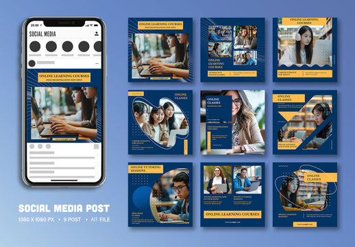 Online Learning Courses Social Media Posts Set with Students, Laptops and Virtual Class Themes &ndash; Editable Design for Education Promotions.