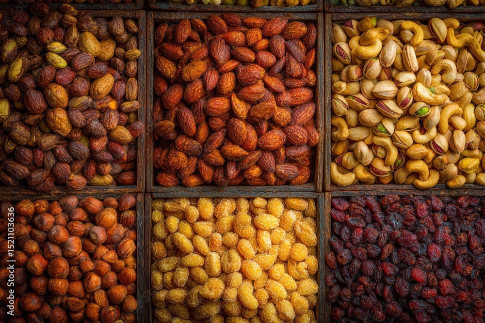 Aufkleber various nuts and dried fruits neatly arranged in compartments at a market stall in the afternoon