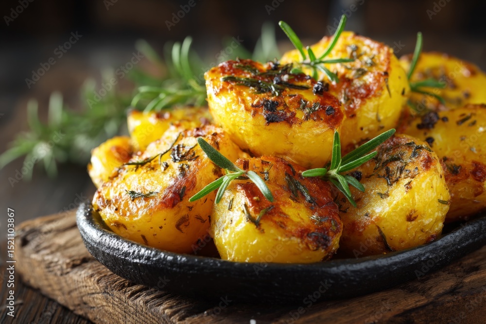 Poster delicious roasted potatoes with herbs served in a rustic setting on a wooden table