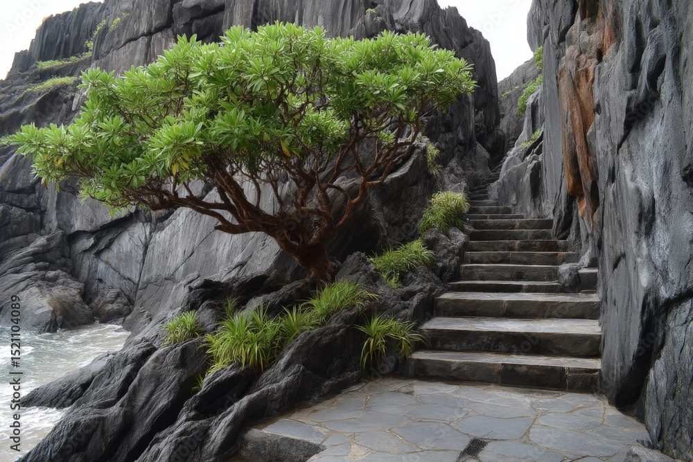 Poster scenic coastal pathway with stone steps and lush greenery along rocky cliffs by the ocean
