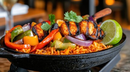 Close-up of spicy rice with grilled veggies, lime wedge on the side, warm lighting