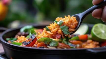 Close-up of spicy rice with grilled veggies, lime wedge on the side, warm lighting