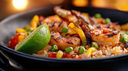 Close-up of spicy rice with grilled veggies, lime wedge on the side, warm lighting